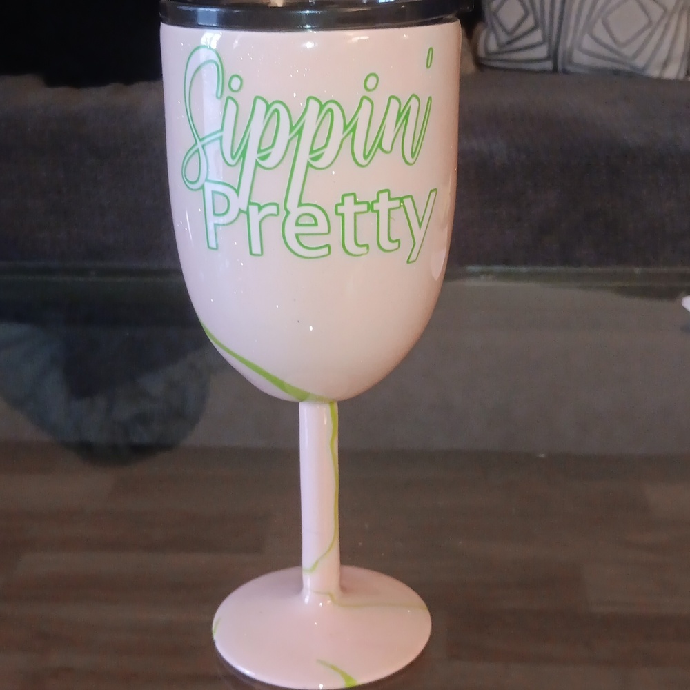 Chic Pink Wine Glass with Green Script